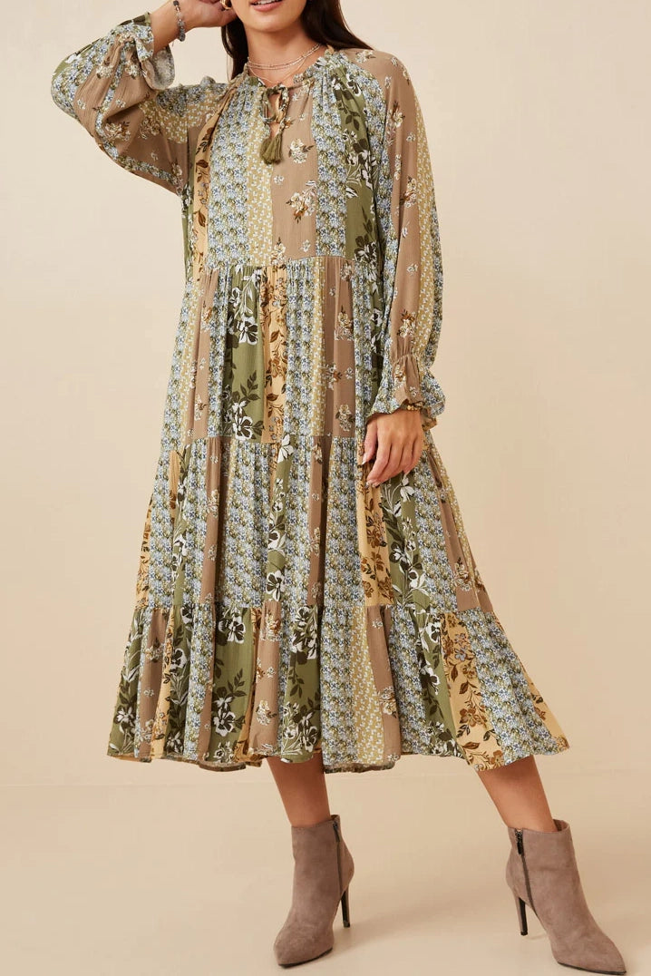 Talia Mixed Print Tiered Midi Dress