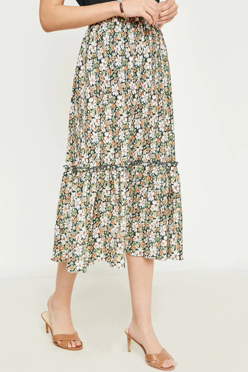 Iman Floral Pleated Ruffled Midi Skirt