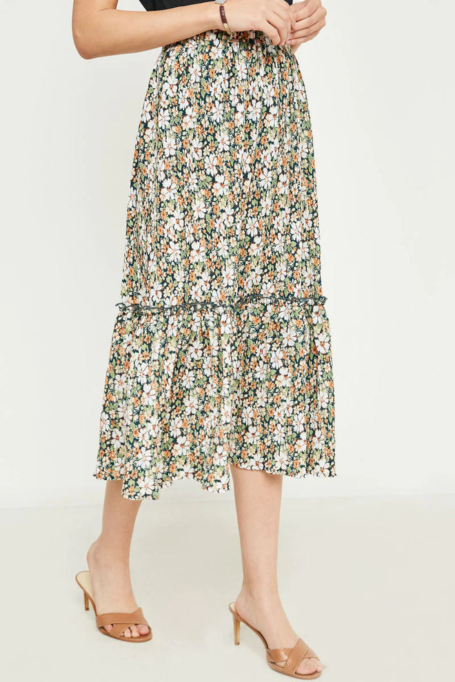 Iman Floral Pleated Ruffled Midi Skirt