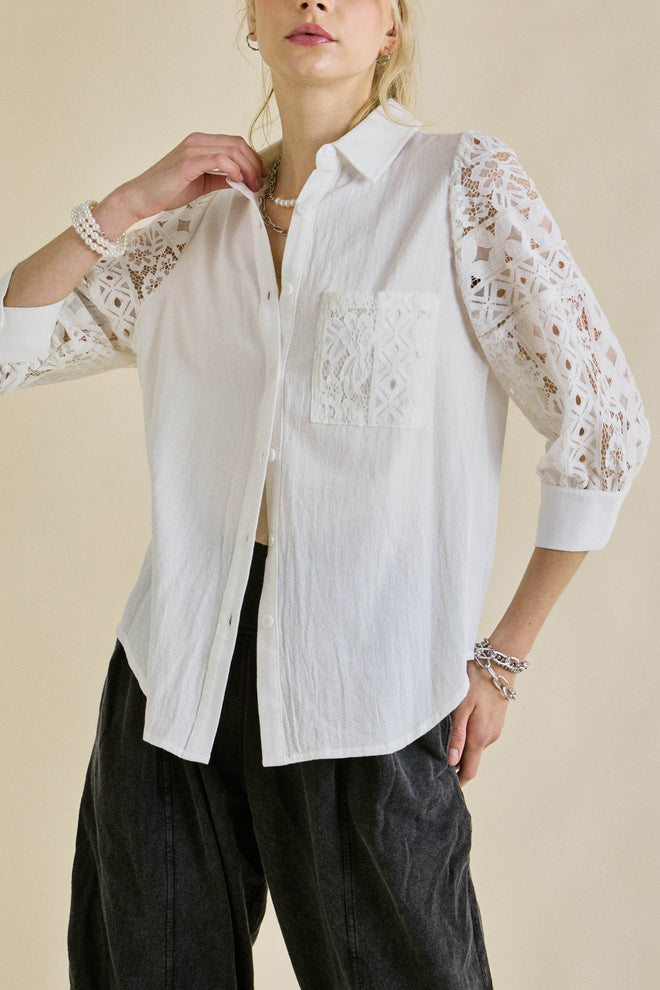 Wasila Lace Sleeve Button-Down Shirt